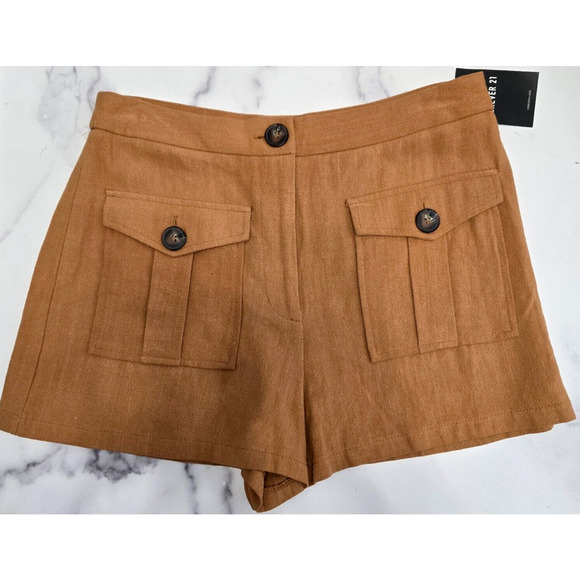 Forever 21 Womens Shorts Medium Tan Woven Linen Blend Pockets Chic Preppy NWT - Picture 2 of 9